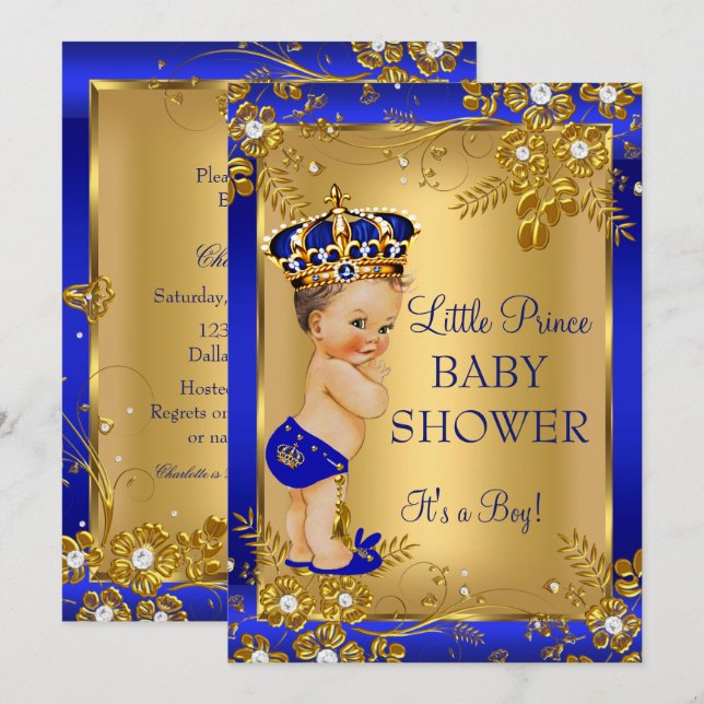 Invitation Prince Boy Baby shower Gold Blue Floral Brunette (Devant / Derrière)