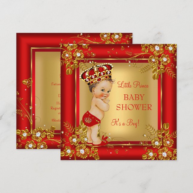 Invitation Prince Boy Baby shower Gold Red Brunette (Devant / Derrière)