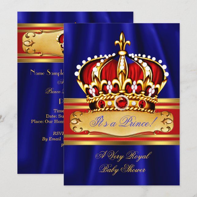 Invitation Prince Boy Baby shower Red Royal Blue Gold Crown (Devant / Derrière)