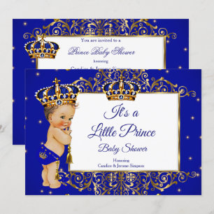 Invitation Prince Boy Baby shower Royal Blue Gold Brunette 2