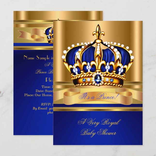 Invitation Prince Boy Baby shower Royal Blue Gold Crown 2 (Devant / Derrière)