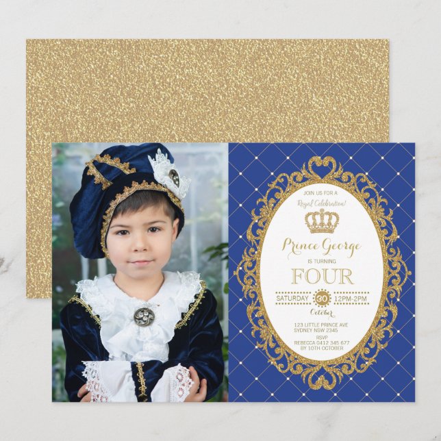 Invitation Prince branché Anniversaire Royal Blue Gold Party  (Devant / Derrière)