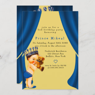 Invitation Prince et Teddy Bear Blue Gold fête d'anniversaire