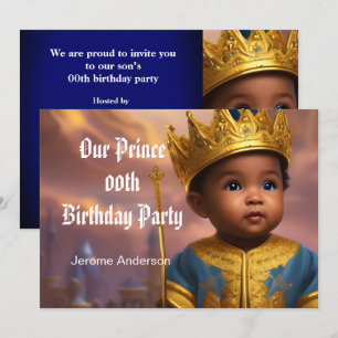 Invitation Prince garçon Anniversaire Bleu Or Afro-Américain 