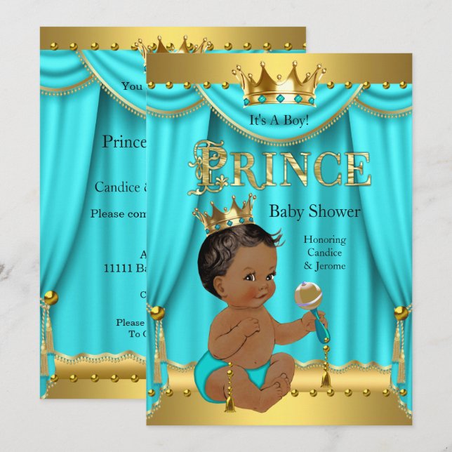 Invitation Prince héritier Baby shower Gold Aqua Turquoise Et (Devant / Derrière)