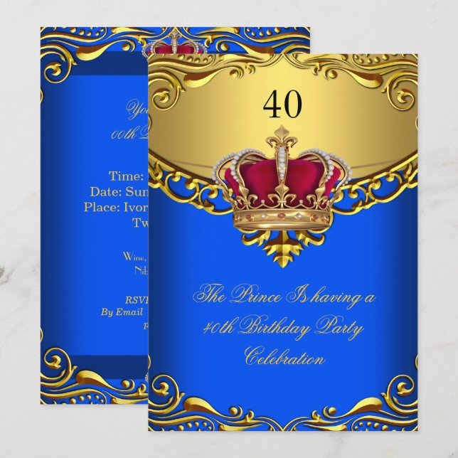 Invitation Prince King Red Gold Royal Blue Crown Anniversaire (Devant / Derrière)