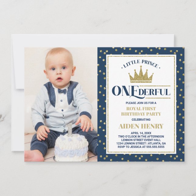 Invitation Prince ONEderful First Birthday Invitation, bleu (Devant)