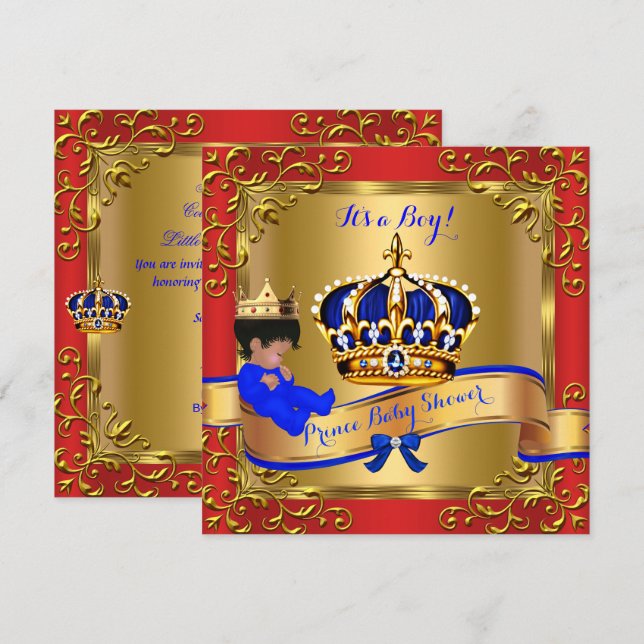 Invitation Prince Royal Baby shower Boy Red Blue Gold 4 (Devant / Derrière)