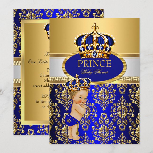 Invitation Prince Royal Baby shower de la Couronne Blonde Boy (Devant / Derrière)