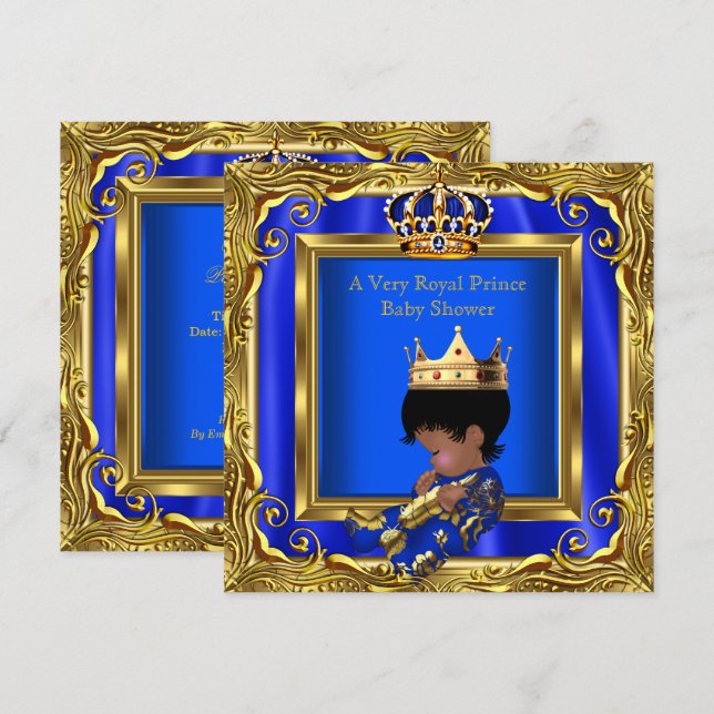Invitation Prince Royal Blue Baby shower Gold Frame Boy (Devant / Derrière)