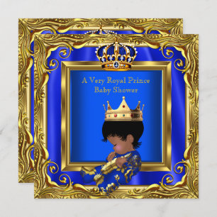 Invitation Prince Royal Blue Baby shower Gold Frame Boy