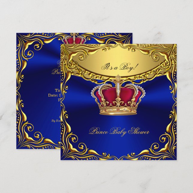 Invitation Prince Royal Blue Baby shower Regal Red Gold Boy (Devant / Derrière)