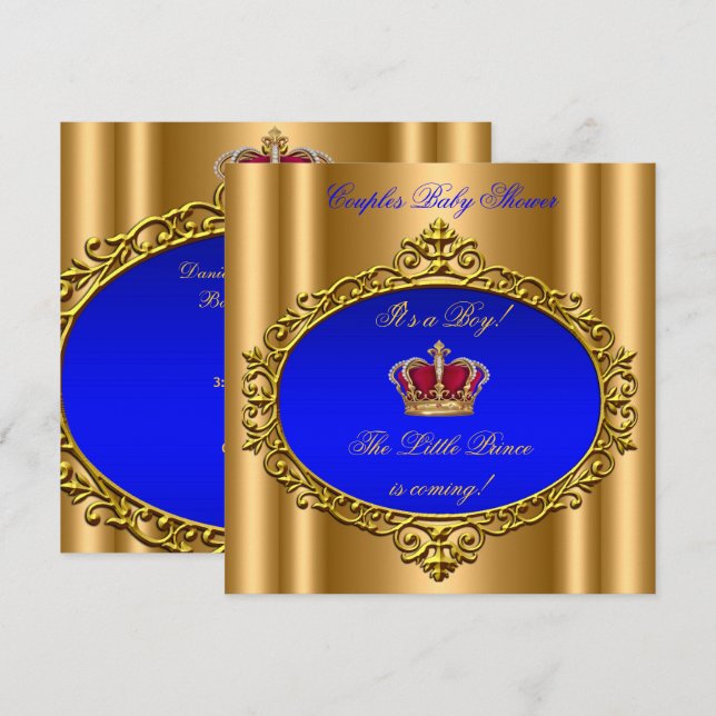 Invitation Prince Royal Blue Boy Baby shower Crown Gold (Devant / Derrière)