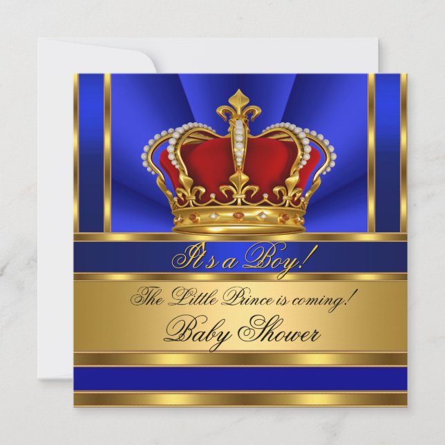 Invitation Prince Royal Blue Boy Baby shower Red Gold Crown (Devant)