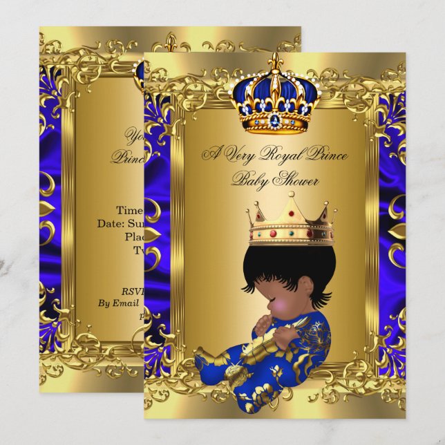Invitation Prince Royal Blue Boy Baby shower Regal Gold (Devant / Derrière)