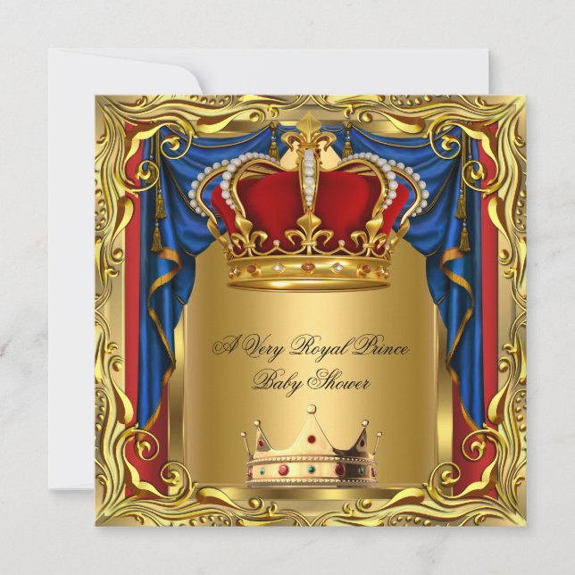 Invitation Prince Royal Blue Boy Baby shower Regal Red Gold 2 (Devant)
