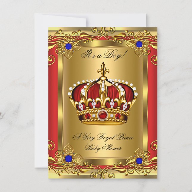 Invitation Prince Royal Blue Boy Baby shower Regal Red Gold 3 (Devant)