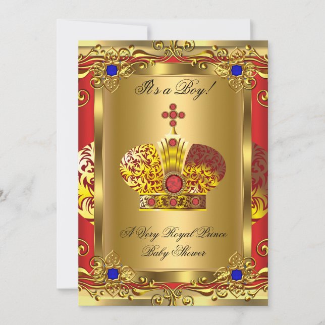 Invitation Prince Royal Blue Regal Red Boy Baby shower Gold A (Devant)