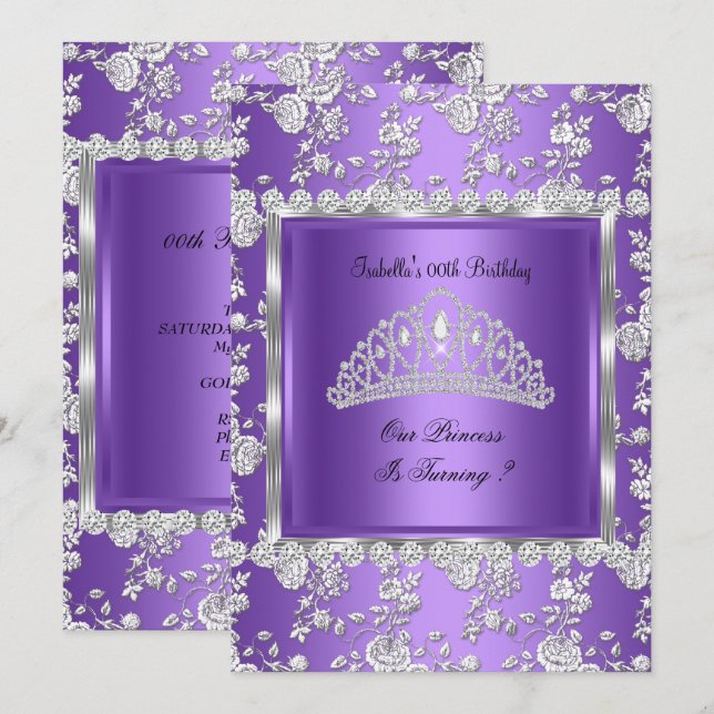 Invitation Princess Anniversaire Purple Silver Tiara (Devant / Derrière)