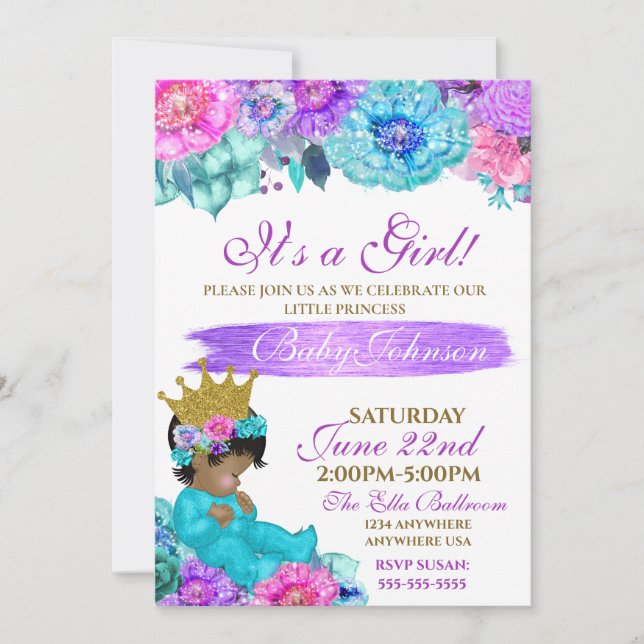 Invitation Princess Baby élégant Purple turquoise Gold baby s (Devant)