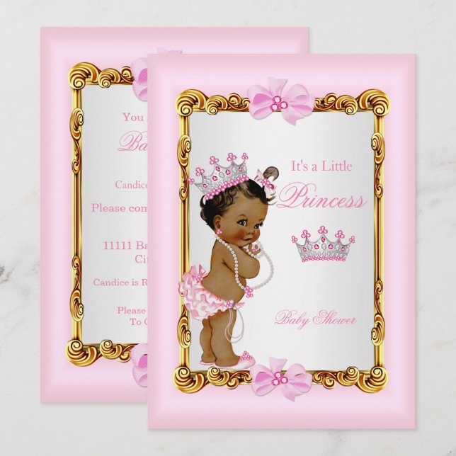 Invitation Princess Baby shower ethnique Gold Pink Perles Tia (Devant / Derrière)