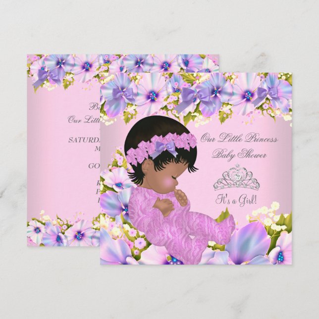 Invitation Princess Baby shower Fille florale rose pourpre (Devant / Derrière)