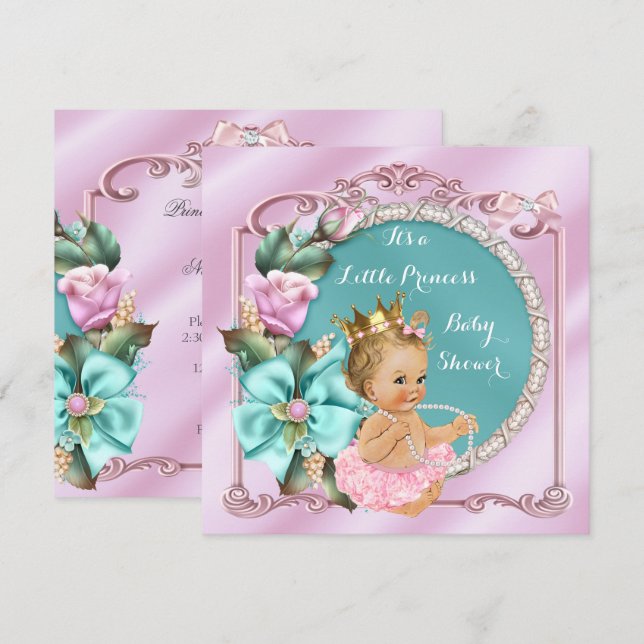 Invitation Princess Baby shower Floral Turquoise rose Blonde  (Devant / Derrière)