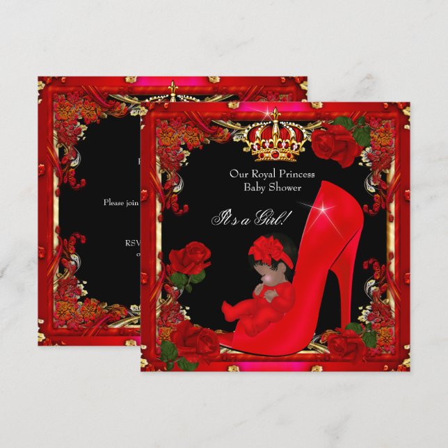 Invitation Princess Baby shower Girl Gold Rose Chaussure 2a (Devant / Derrière)
