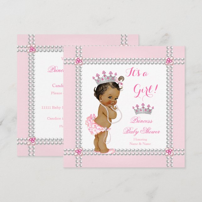 Invitation Princess Baby shower Girl Pink Pearls Ethnique (Devant / Derrière)