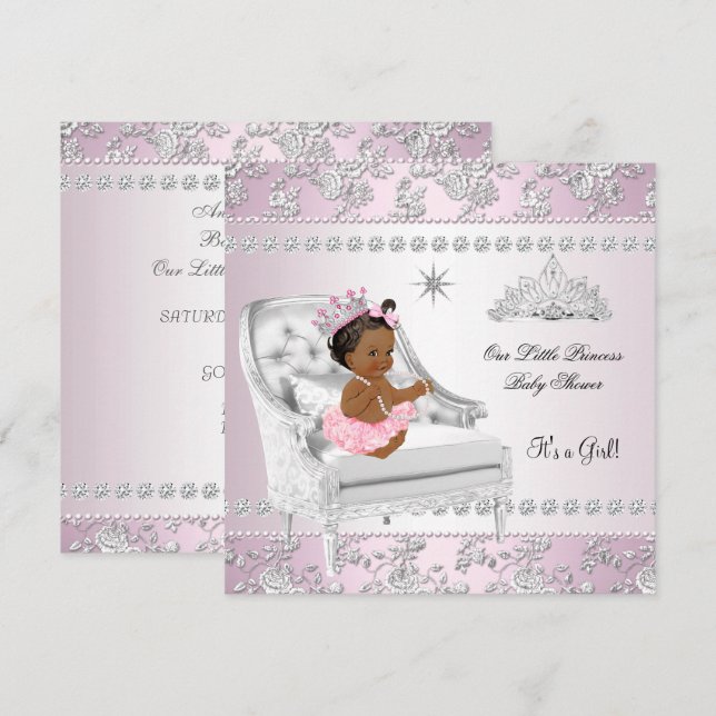 Invitation Princess Baby shower Girl Rose Silver Chaise ethni (Devant / Derrière)