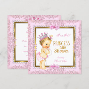 Invitation Princess Baby shower Gold Pink Pearls Lace Blonde