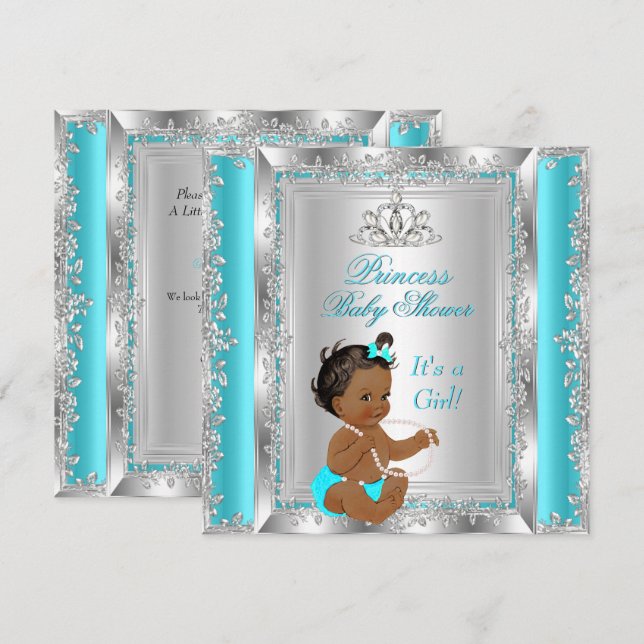 Invitation Princess Baby shower Party Turquoise Silver Ethnic (Devant / Derrière)