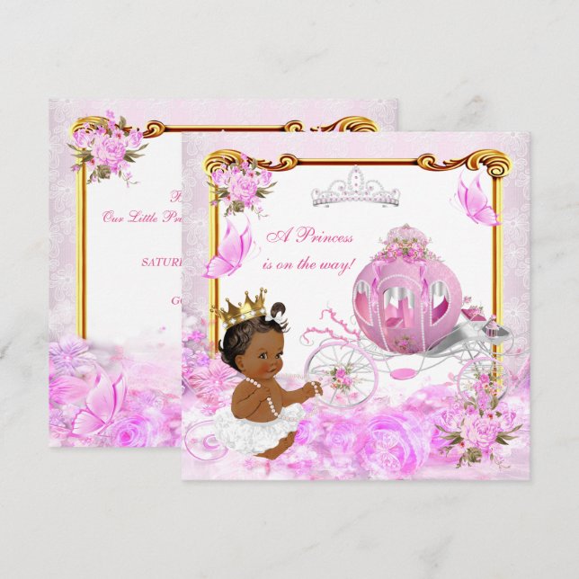 Invitation Princess Baby shower Rose Gold Carriage Ethnique (Devant / Derrière)