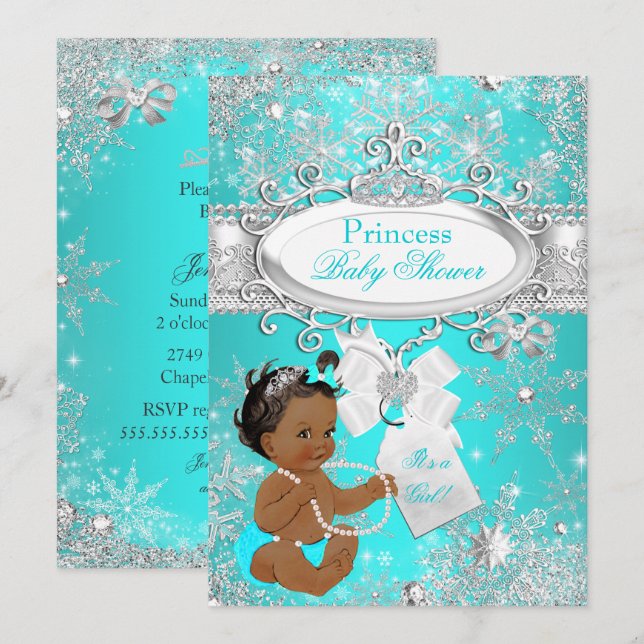 Invitation Princess Baby shower Snowflakes Aqua Ethnic (Devant / Derrière)