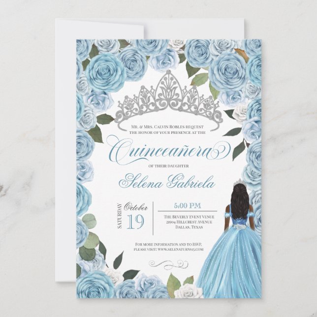 Invitation Princess Ball Blue Roses Cendrillon V2 Quinceanera (Devant)
