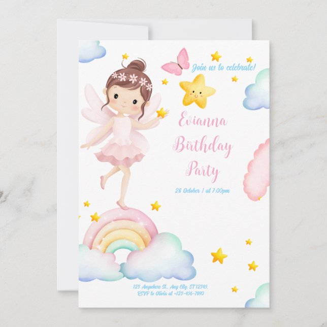 Invitation Princess Birthday Card - Papillon Wings & Stars (Devant)