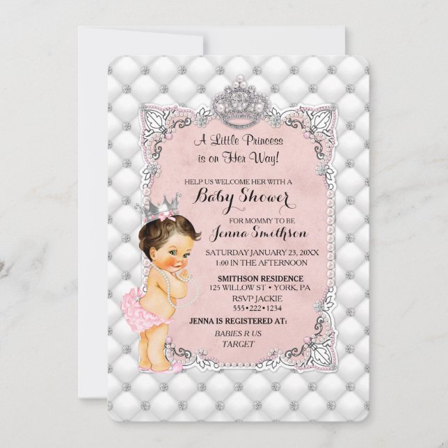 Invitation Princess Blush Pink Pearls Diamonds Baby Girl (Devant)