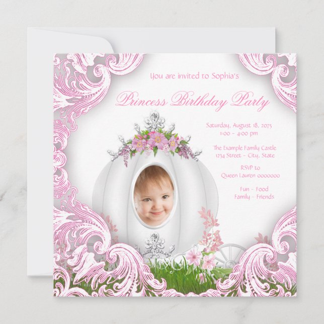 Invitation Princess Carriage Photo Anniversaire Party Blanc (Devant)
