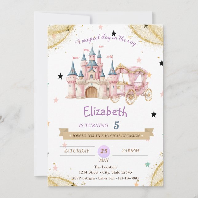 Invitation Princess Castle Carriage Stars Birthday  (Devant)