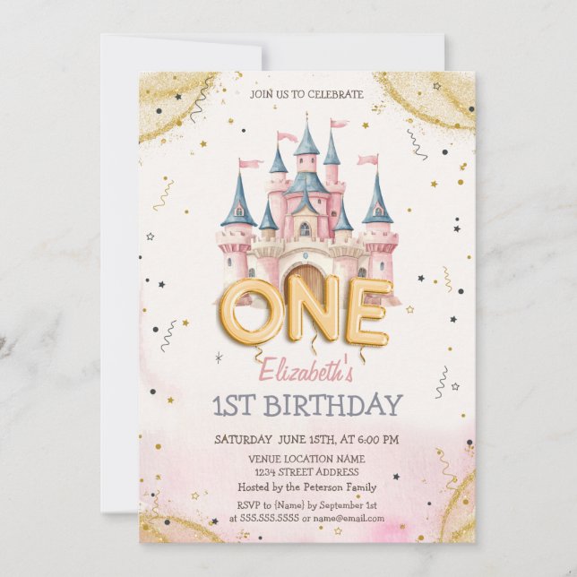 Invitation Princess Castle Confetti Watercolor 1st Birthday (Devant)