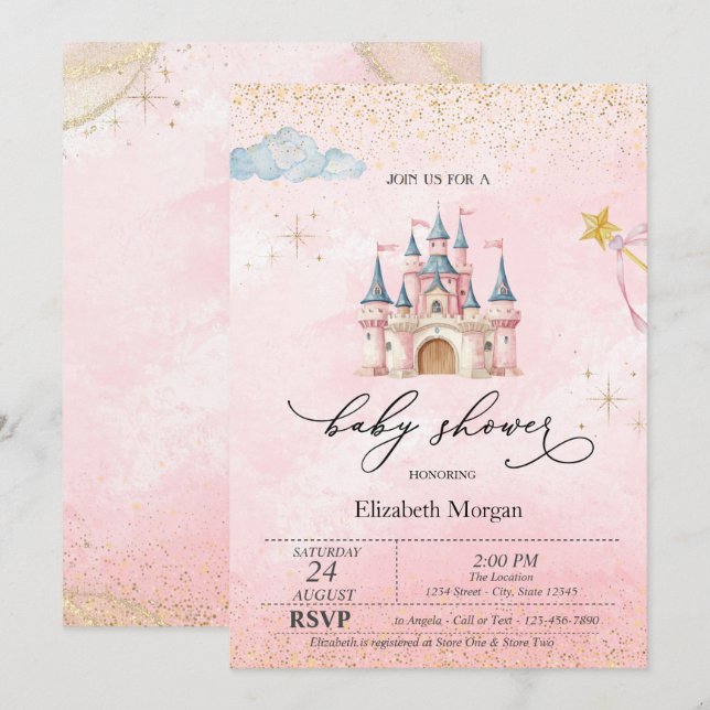 Invitation Princess Castle Gold Dust Pink Baby Shower   (Devant / Derrière)
