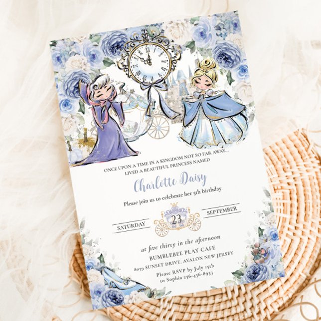 Invitation Princess Cinderella Fairytale Blue Floral Annivers (cinderella-fairytale-princess-castle-pumpkin-carriage-blue-white-floral-birthday-invitation-card)