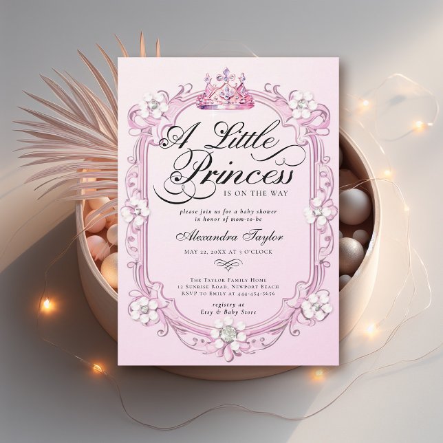 Invitation Princess Crown Diamonds Pearls Baby Girl Douche (princess girl baby shower invitation crown diamonds pearls pink calligraphy elegant cute chic)