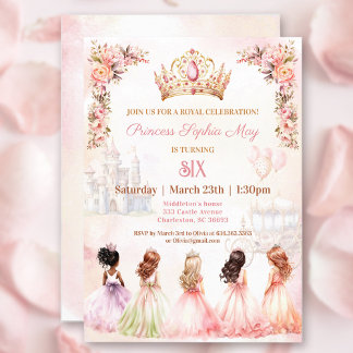 Invitation Princess Crown Rose or Floral Girl Anniversaire