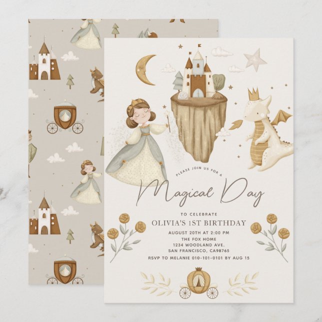 Invitation Princess & Dragon Boho Fairytale Girl 1er annivers (Devant / Derrière)