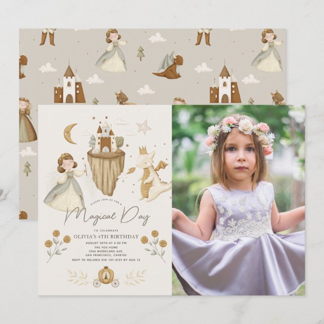 Invitation Princess & Dragon Boho Fairytale Photo Anniversair (Devant / Derrière)