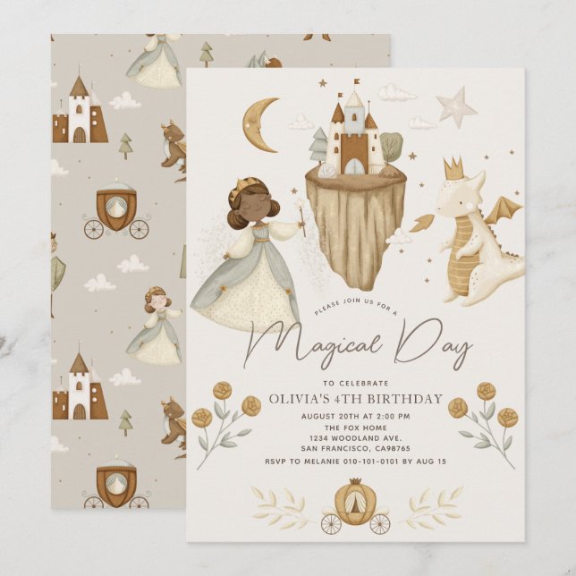 Invitation Princess Dragon Fairytale Dark Skin Girl Anniversa (Devant / Derrière)