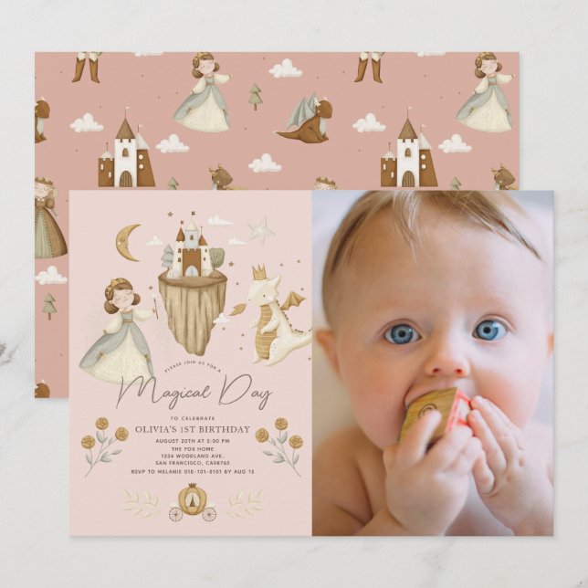 Invitation Princess Dragon Fairytale Rose 1er anniversaire Ph (Devant / Derrière)