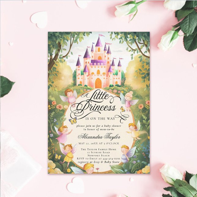 Invitation Princess Fairytale Castle Fairies Baby Girl Douche (princess baby shower invitation pink fairytale enchanted forest fairy godmothers magical castle)