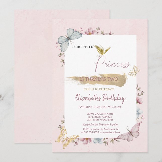 Invitation Princess Flowers Papillons rose Anniversaire (Devant / Derrière)